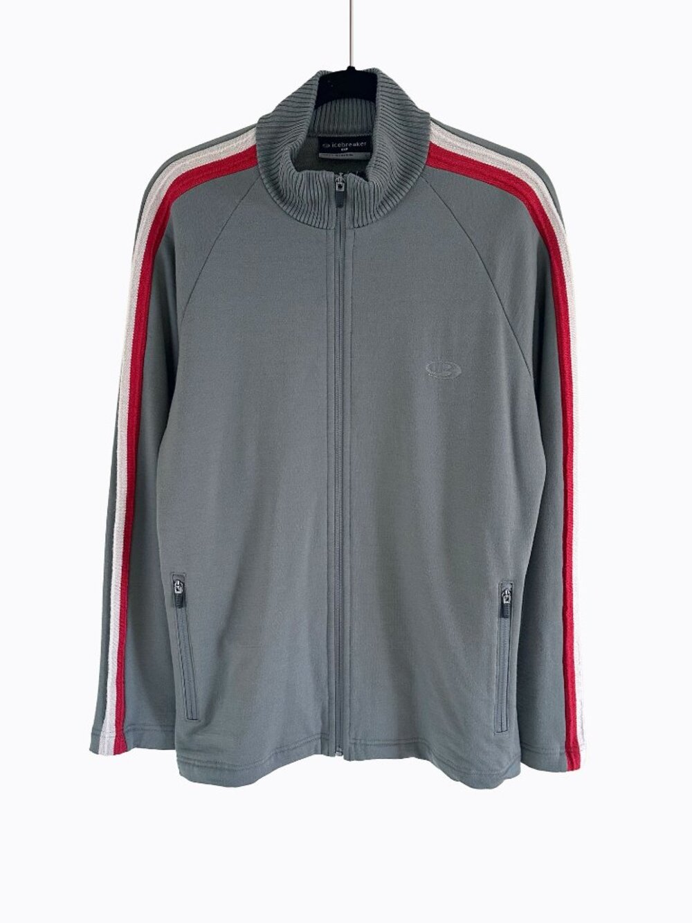 Vtg Icebreaker Merino Wool Track Jacket L Gray Red Stripe Zip Mock Neck Sweater